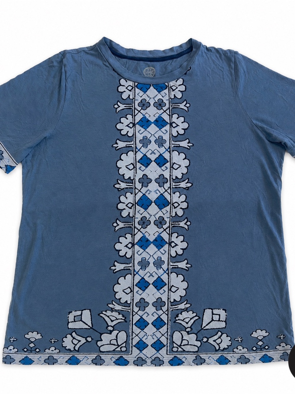 Tory Burch Blue Pima Cotton Printed Trim Short Sleeve Tee Size M